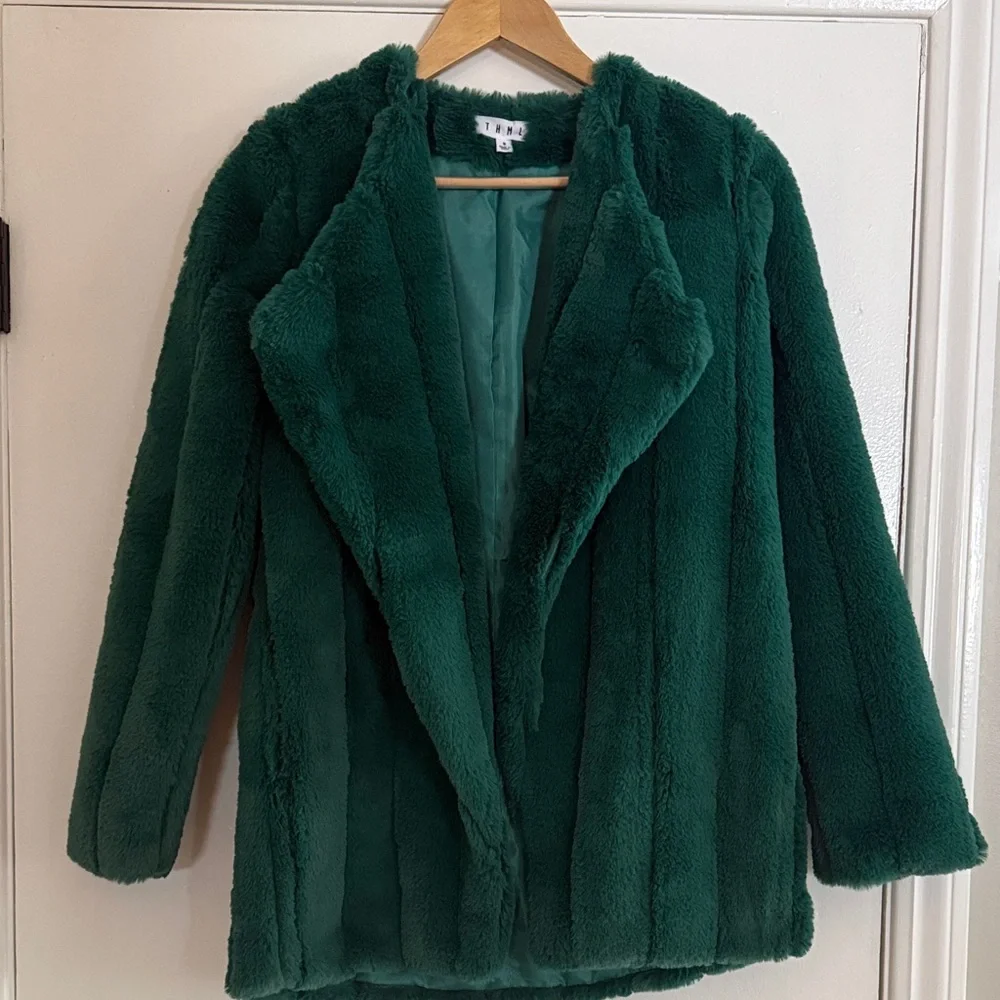 THML Emerald Green Faux Fur Coat Teddy Jacket size small - Picture 1 of 5